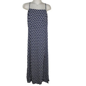 Banana Republic Dress Medium Slit Midi Navy Spaghetti Straps Smocking Geometric